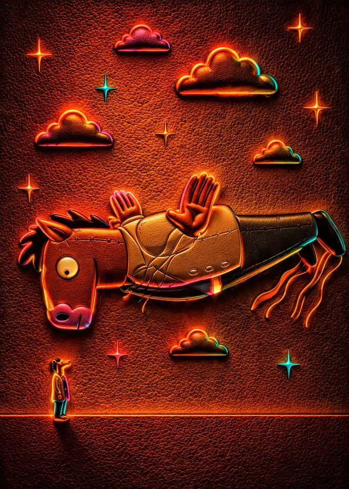 Surreal Horse and Man Under Neon Clouds