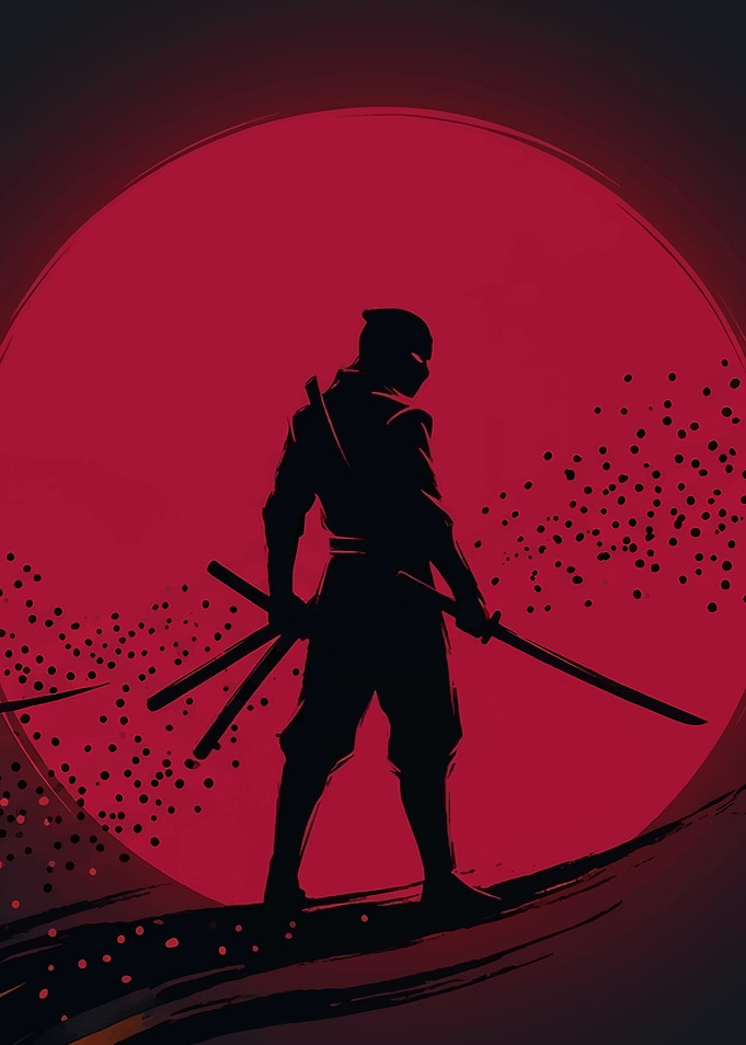Ninja Silhouette Against Red Moon