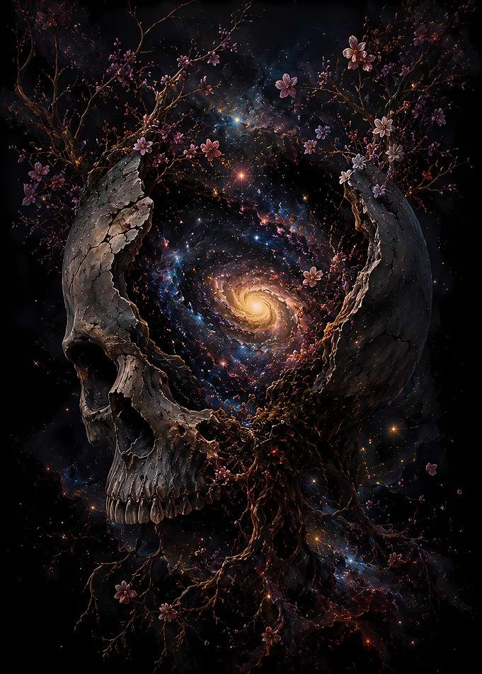 Cosmic Skull with Blooming Branches