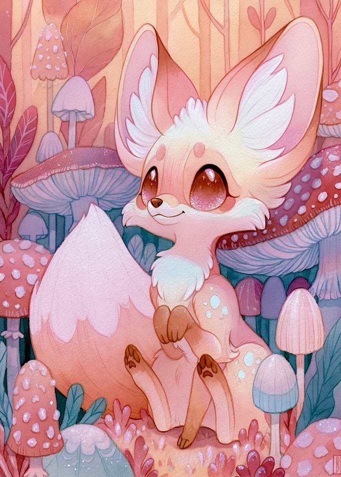 Cute Fennec Fox in Mushroom Forest