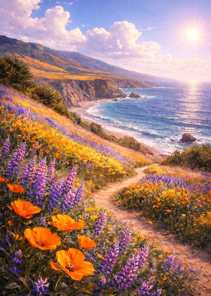 Coastal path with wildflowers and ocean view