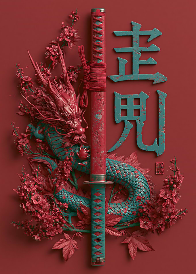 Red Dragon Katana and Cherry Blossoms