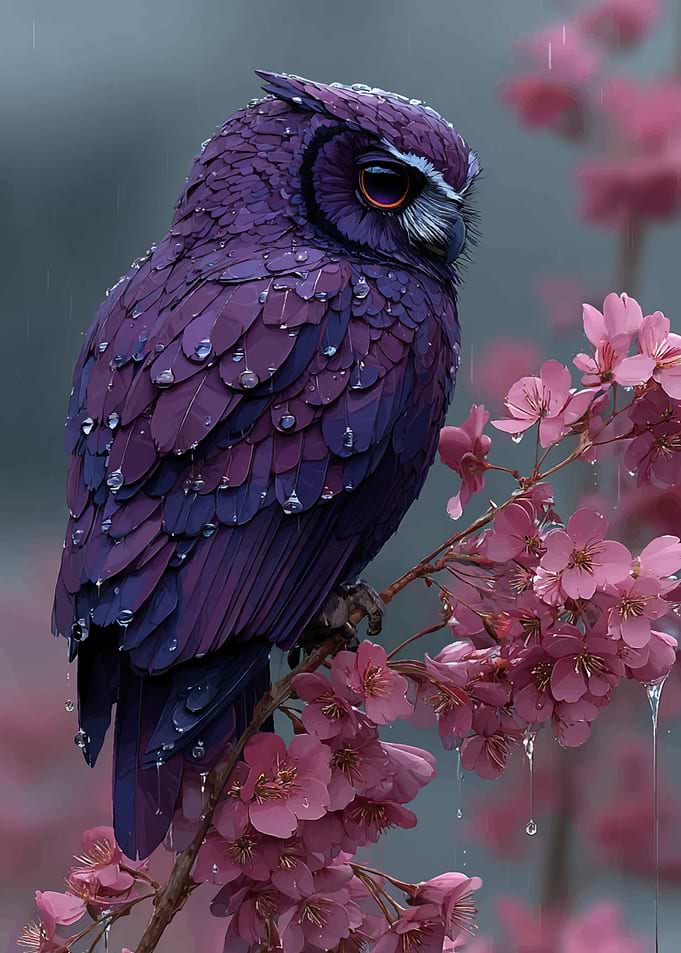 Purple Owl on Cherry Blossom Branch
