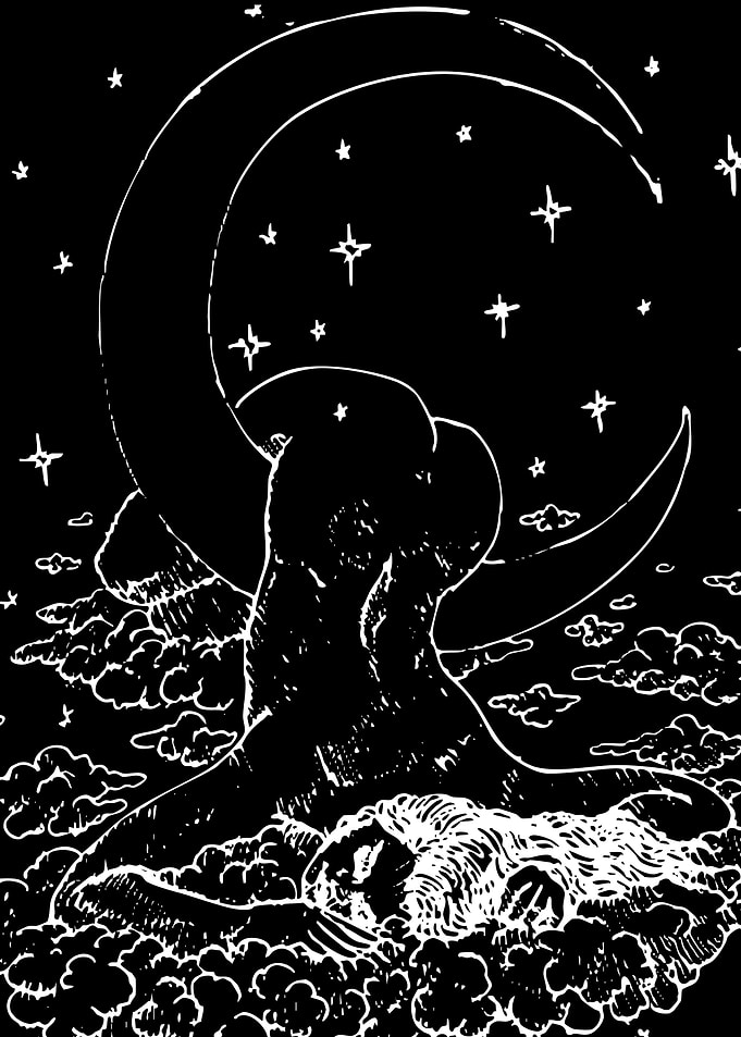 Crescent Moon and Stars with Figure