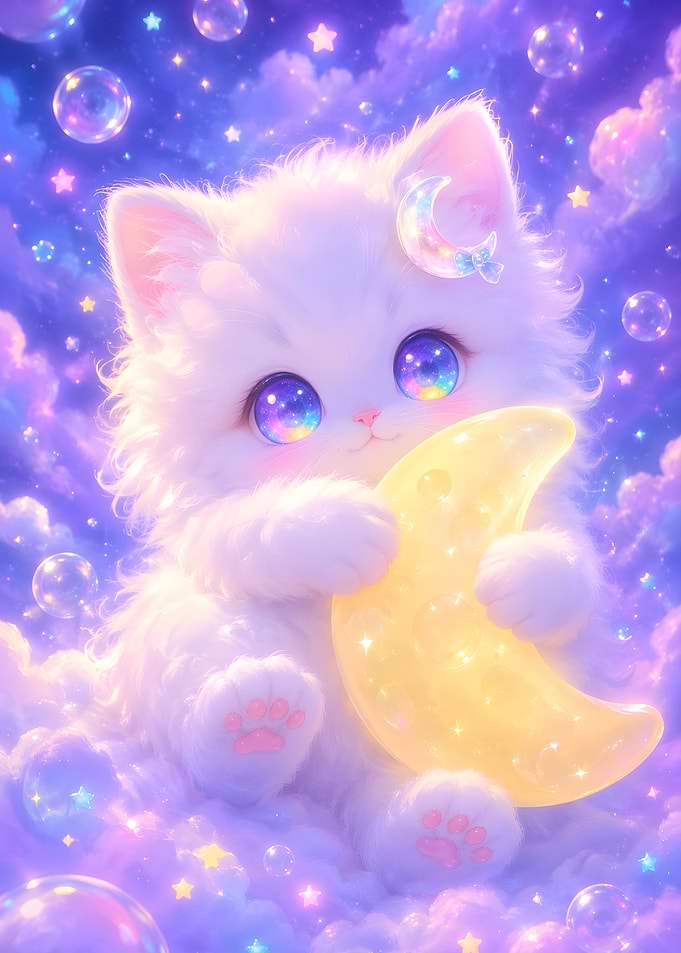 Dreamy White Kitten Hugging Glowing Moon in Pastel Cloud