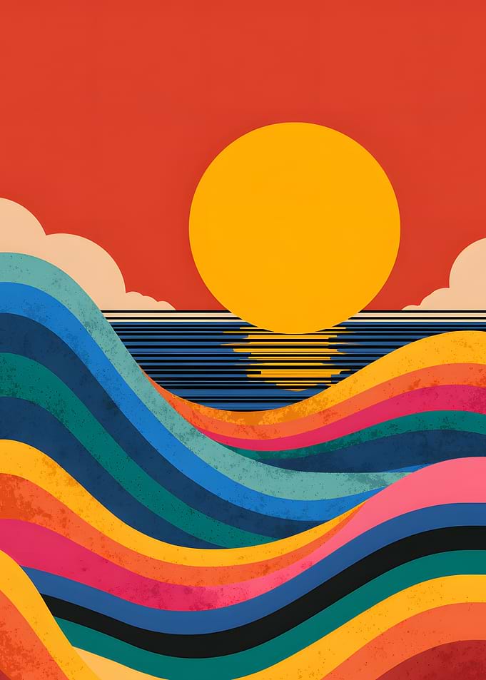 Retro Sunset Over Rainbow Waves