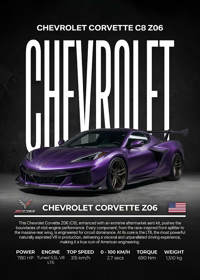 sleek purple Chevrolet Corvette C8 Z06 car poster