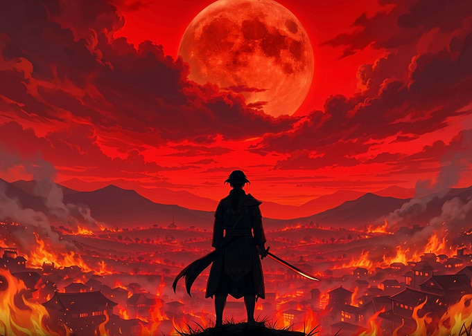 Samurai Overlooking Burning City Under Blood Moon