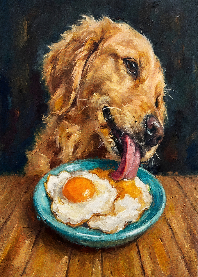 Golden Retriever eating fried eggs