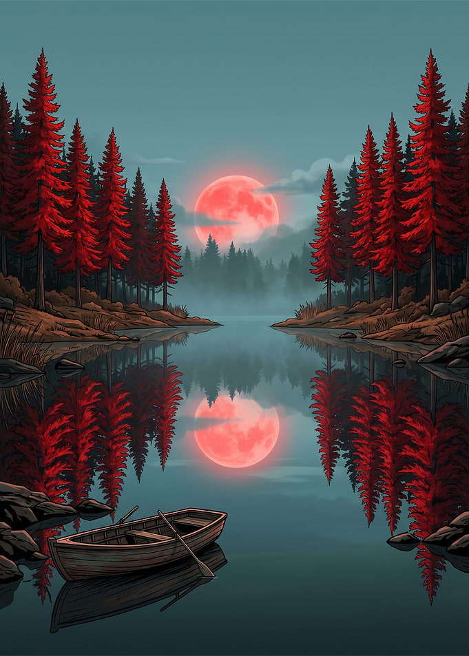 Red Moon Over Forest Lake - Moody Landscape Metal Wall Art