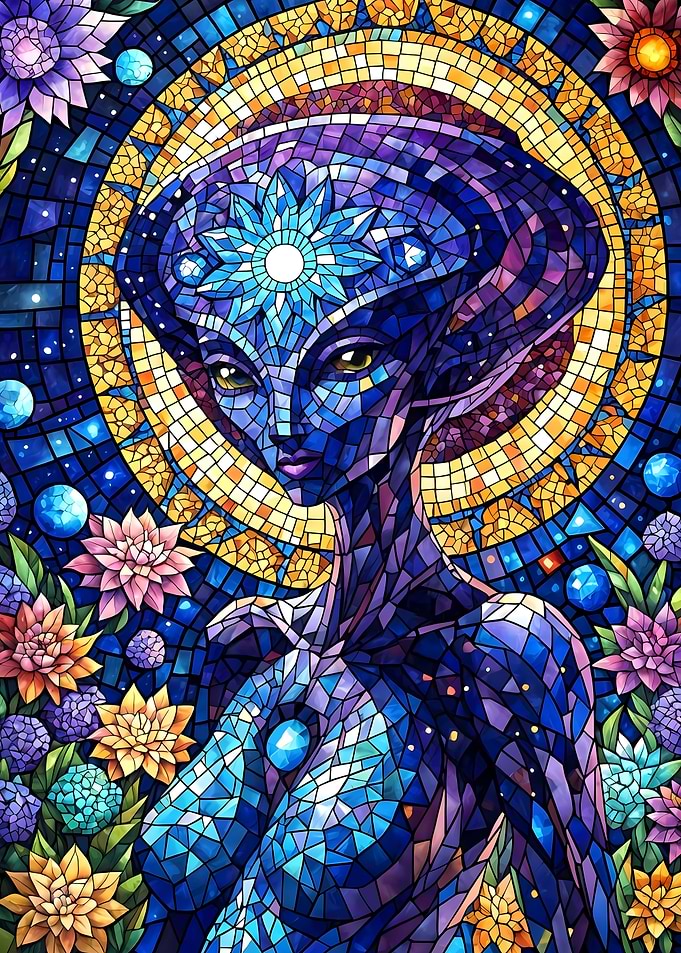 Mosaic Portrait of Female Alien with Flowers