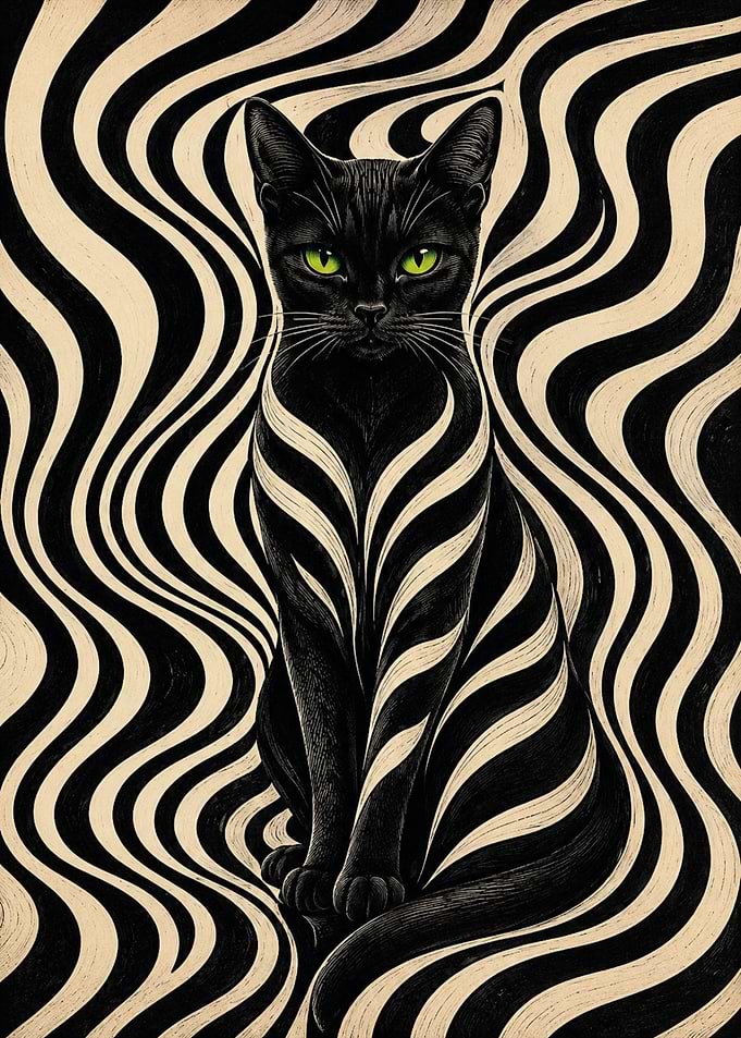 Black Cat with Green Eyes on Psychedelic Background
