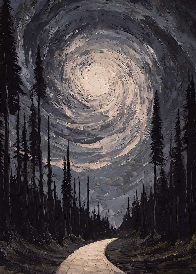 Swirling Sky Over Forest Road