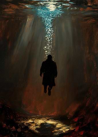 Man submerged in water with bubbles