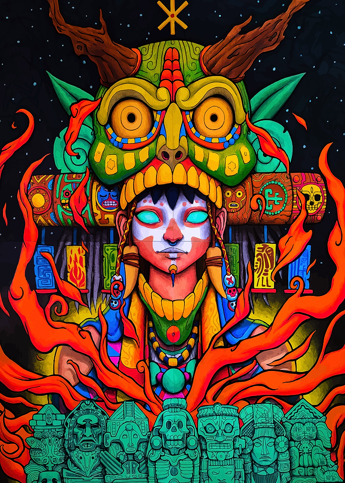 Mayan Warrior with Mask and Statues