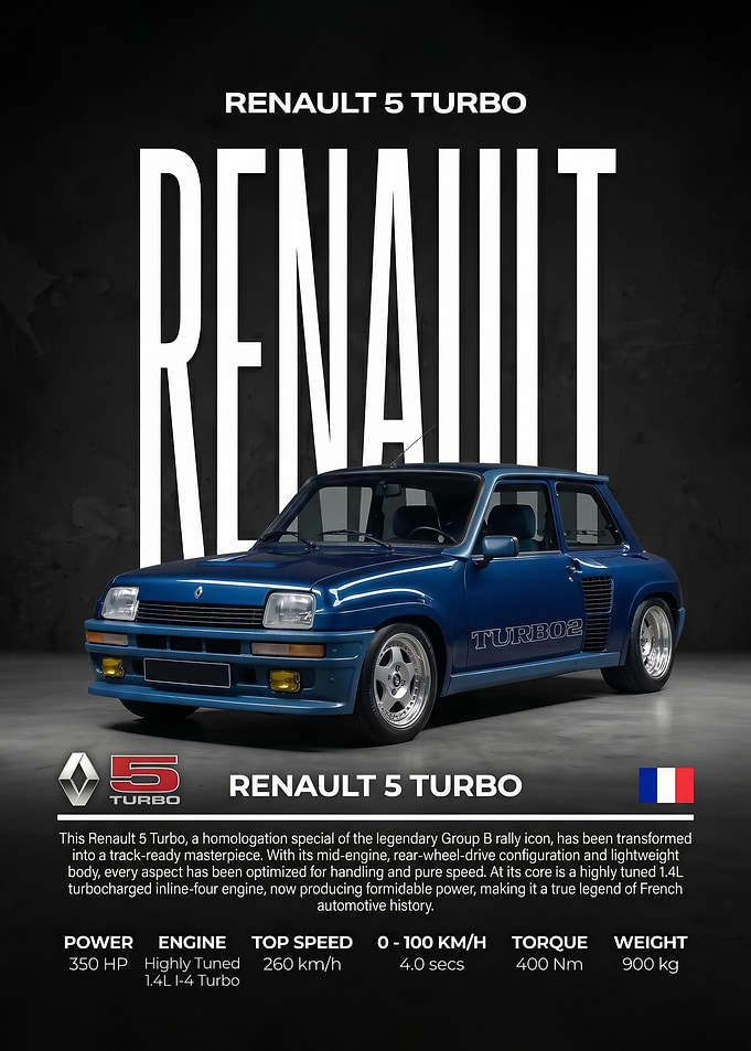 sleek blue iconic Renault 5 Turbo Poster