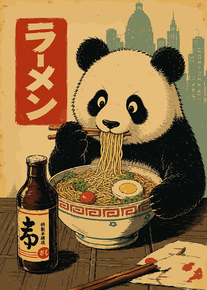 Cute Panda Ramen Illustration Japanese Cityscape Wall Art Poster
