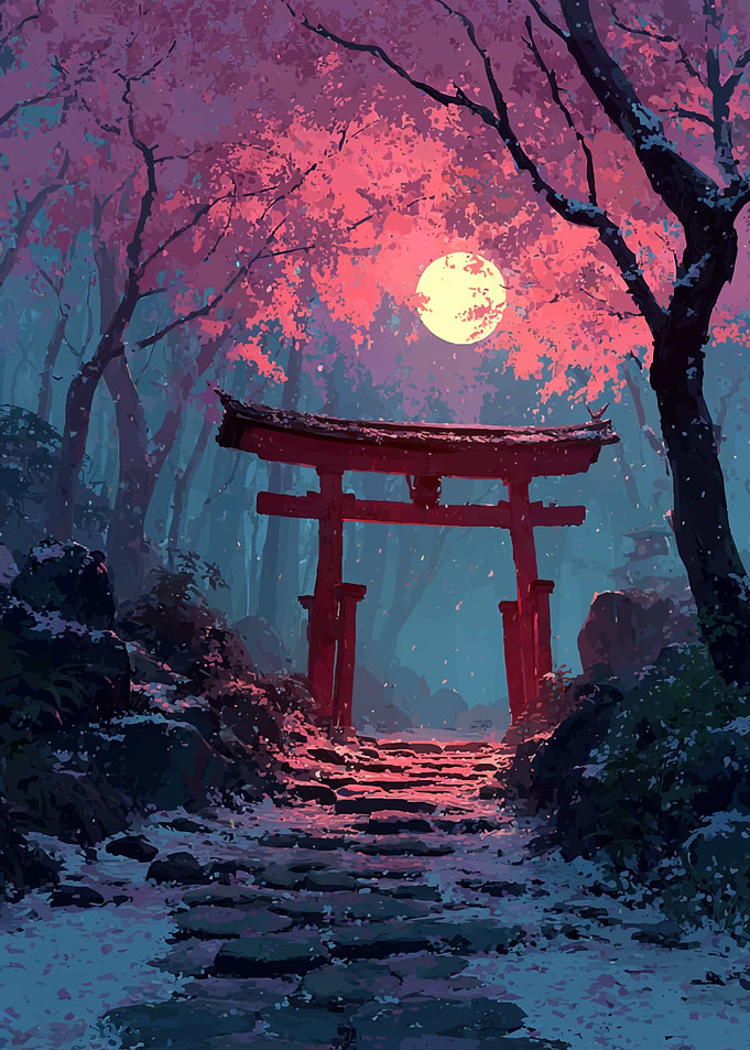 Enchanted Torii Gate in Cherry Blossom Forest