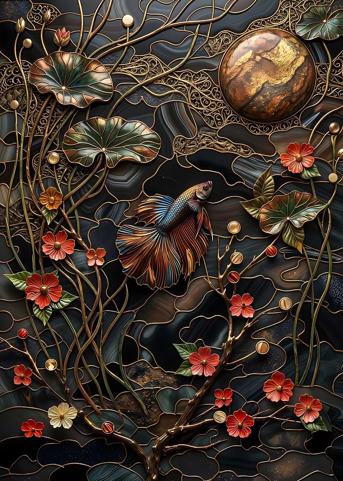 Betta Fish with Lotus Flowers