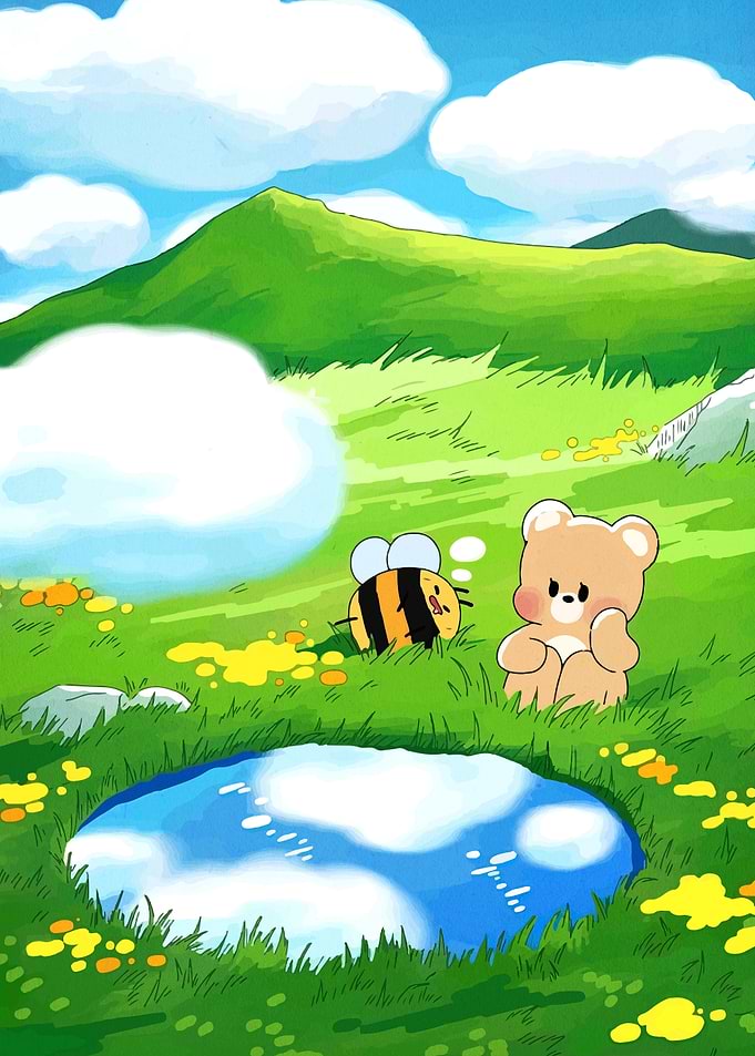Cute Bear and Bee in a Meadow