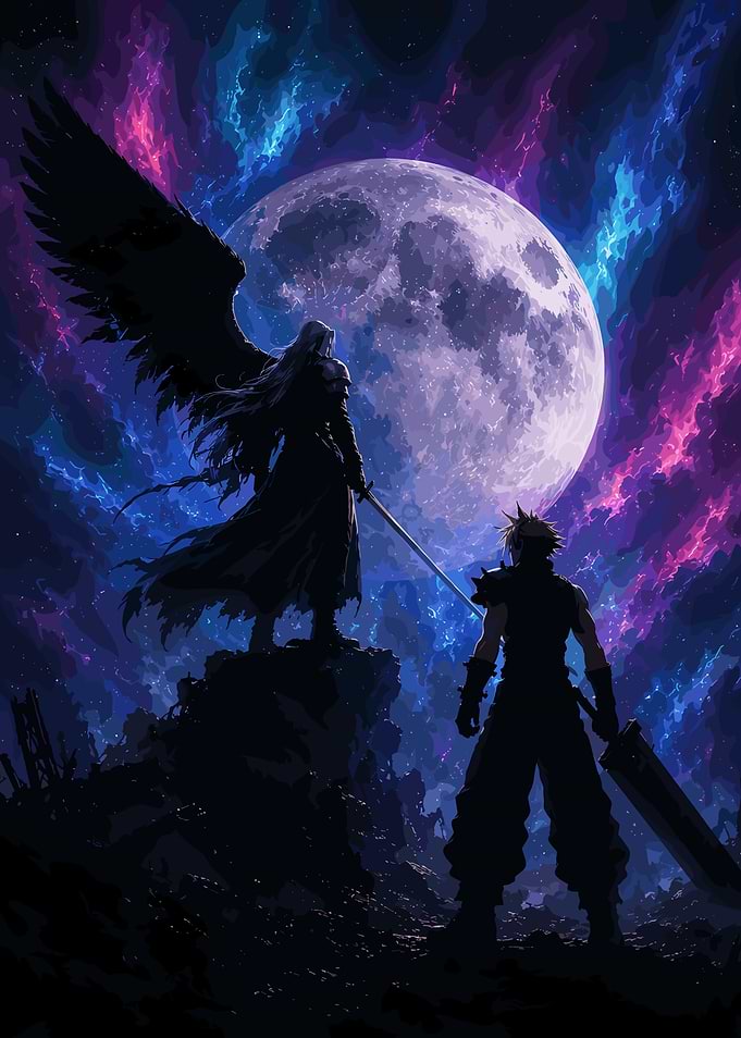 Cloud and Sephiroth under the Moon
