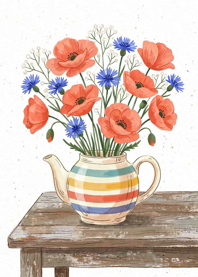 Poppies and Cornflowers in a Striped Teapot