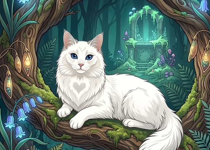 Aurora White Cat in a Magical Forest