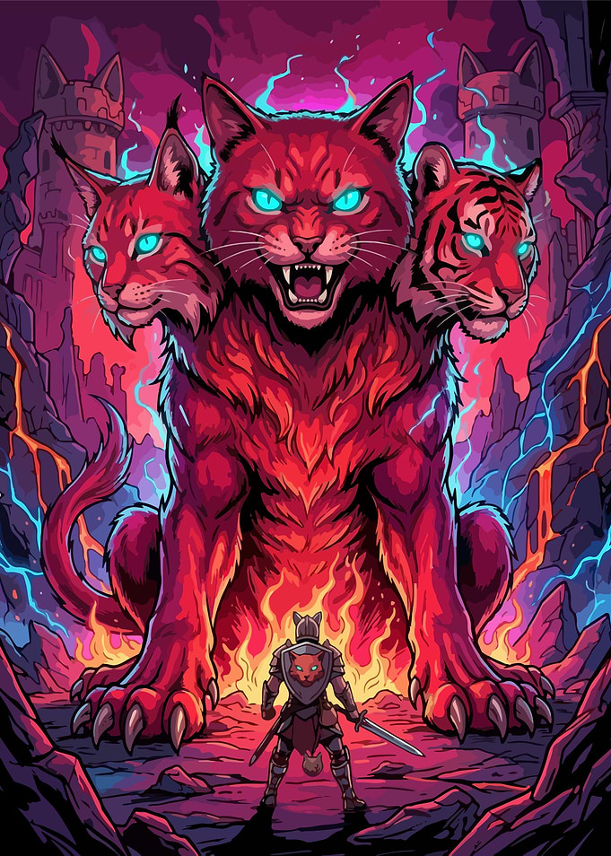 Three-Headed Cat Monster vs Knight Hades and Cerberus Fan Art