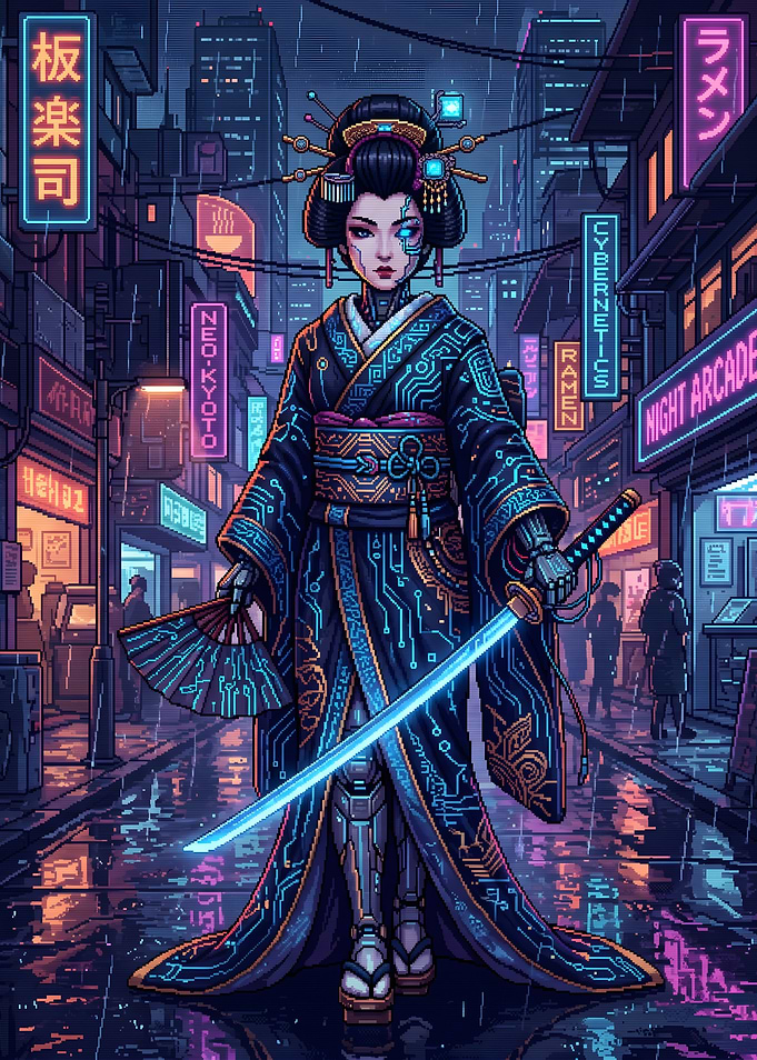 Cyberpunk Geisha with Neon Sword