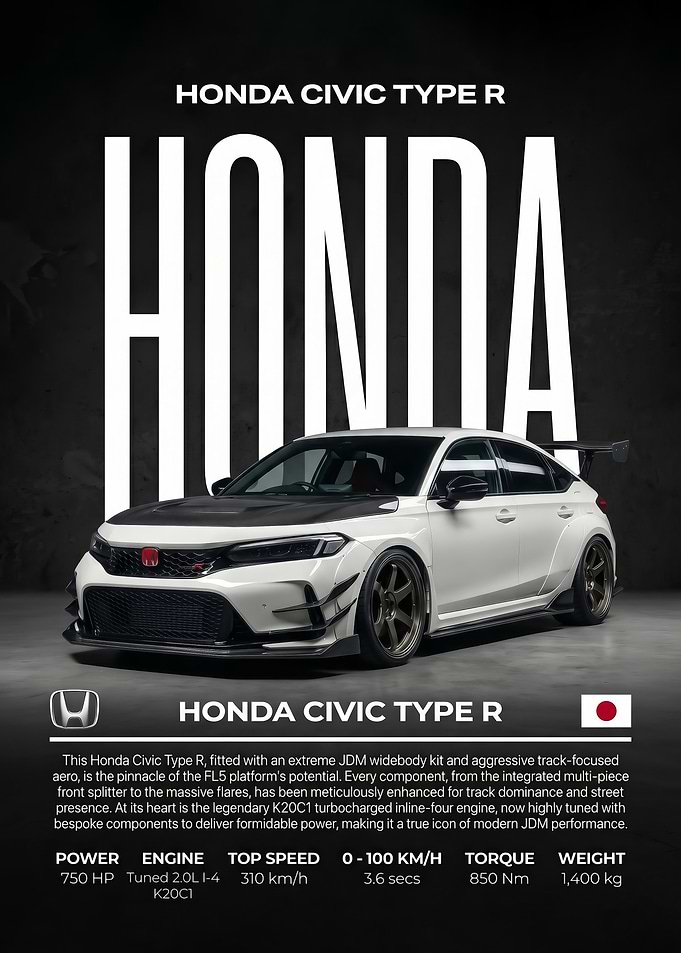 sleek white Honda Civic Type R car Poster