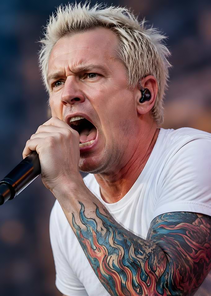 Man singing into microphone with tattoos