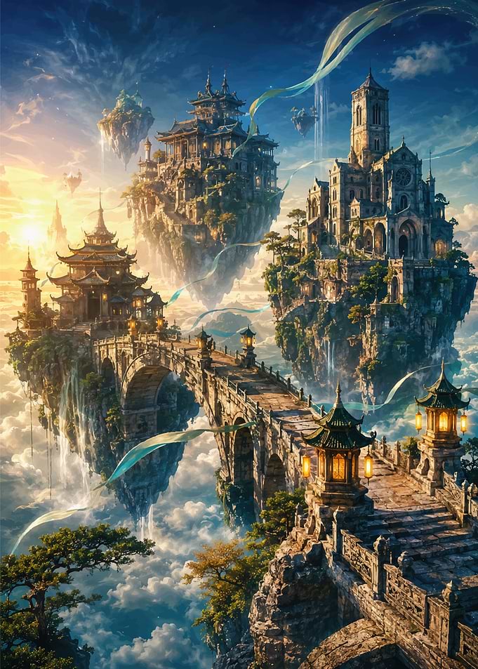 Floating Islands Fantasy Cityscape