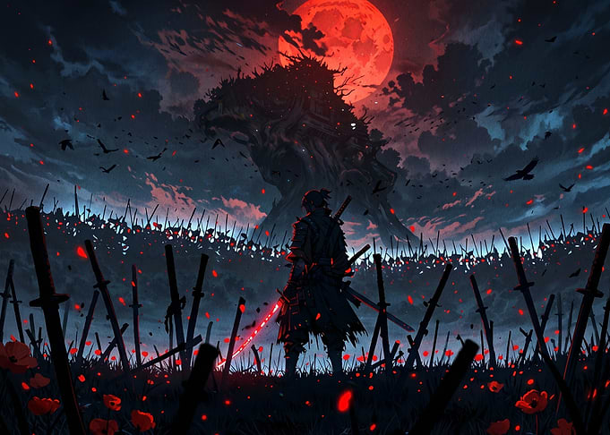 Samurai Warrior Under a Blood Moon