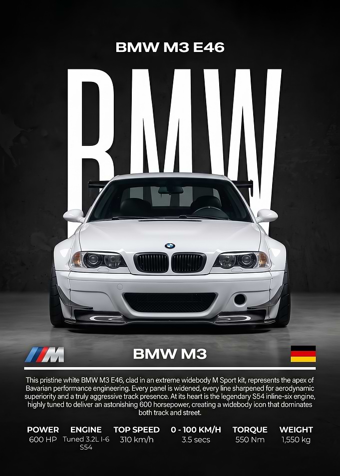 sleek white BMW r46 Widebody car Poster
