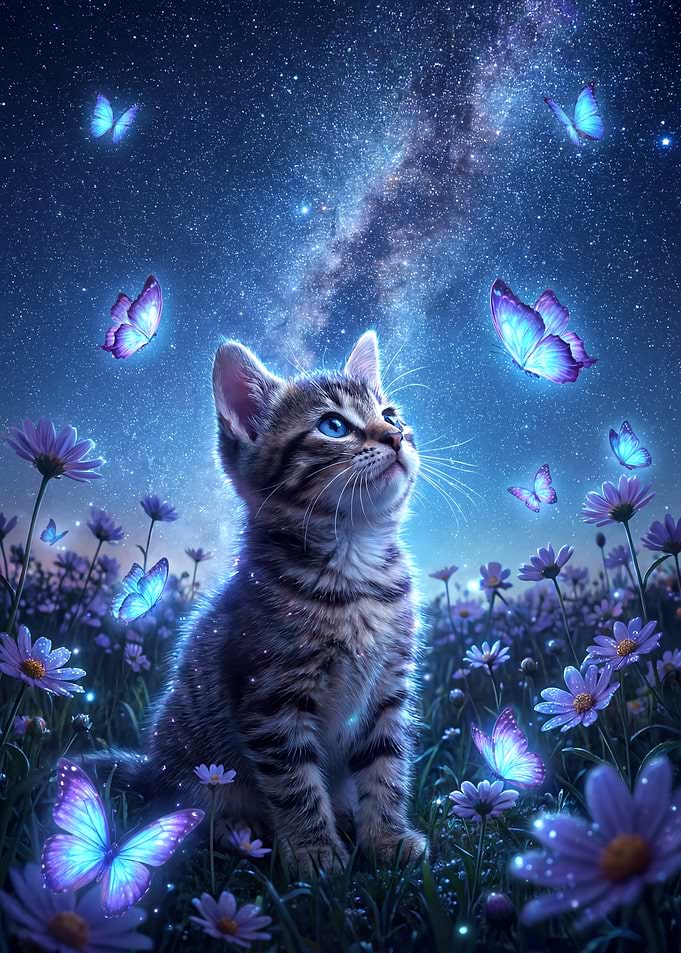 Kitten in a Starry Field of Flowers and Butterflies
