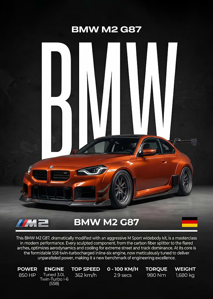 sleek orange Modified BMW M2 G87 car poster