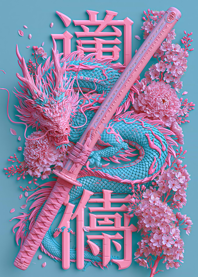 Pink Dragon Katana and Cherry Blossoms
