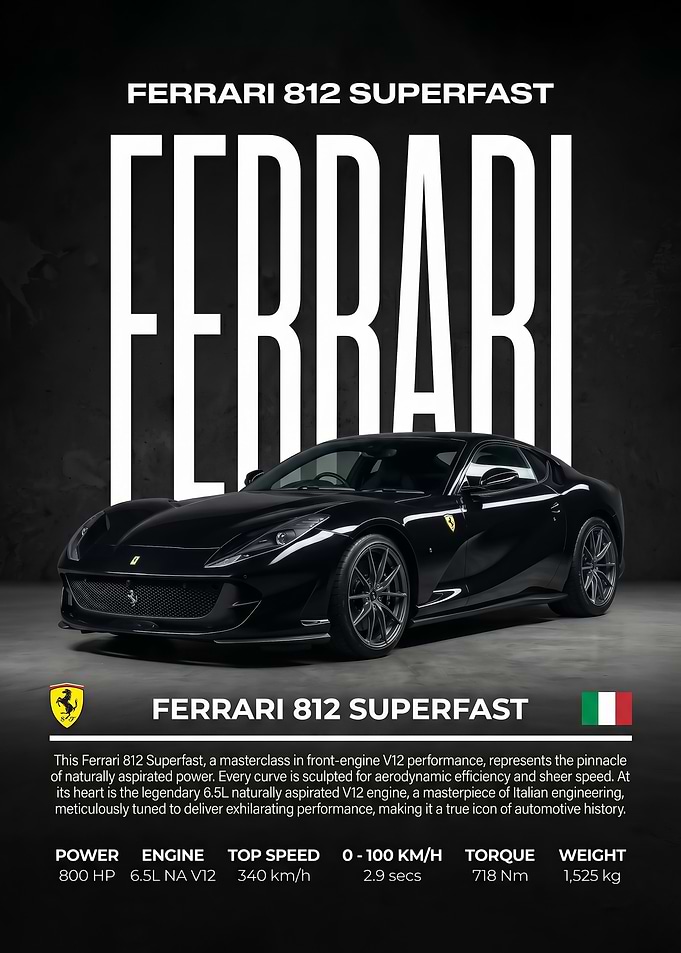 sleek black Ferrari 812 Superfast Car Poster
