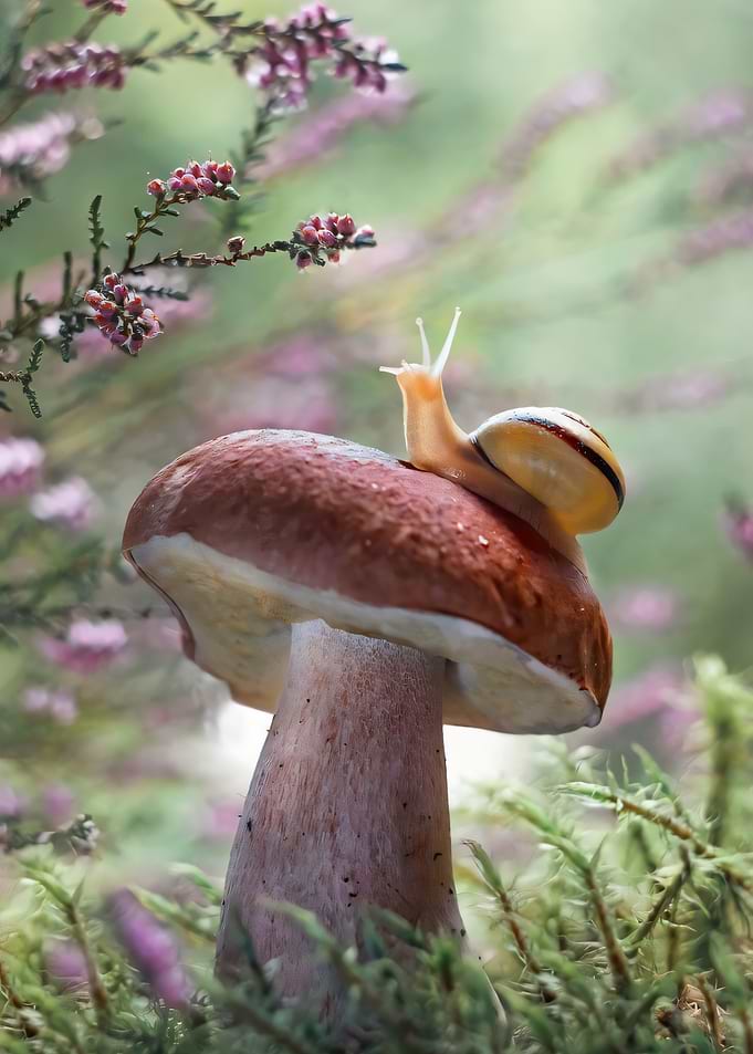 Snail on a Mushroom in Nature