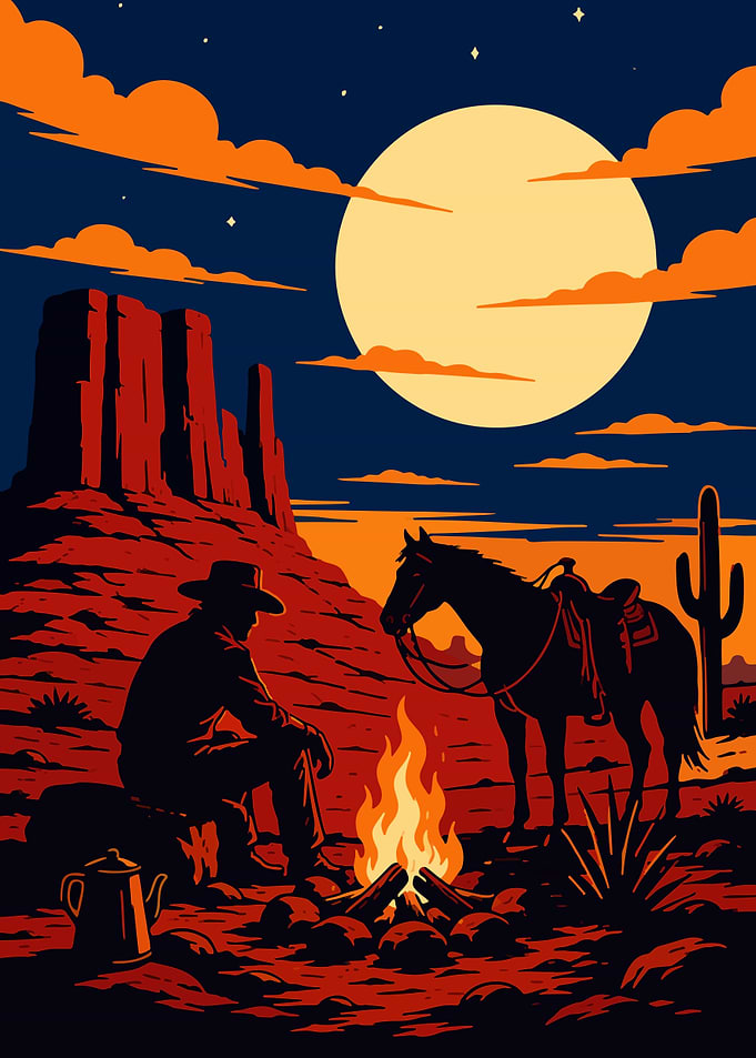 Cowboy and Horse by Campfire