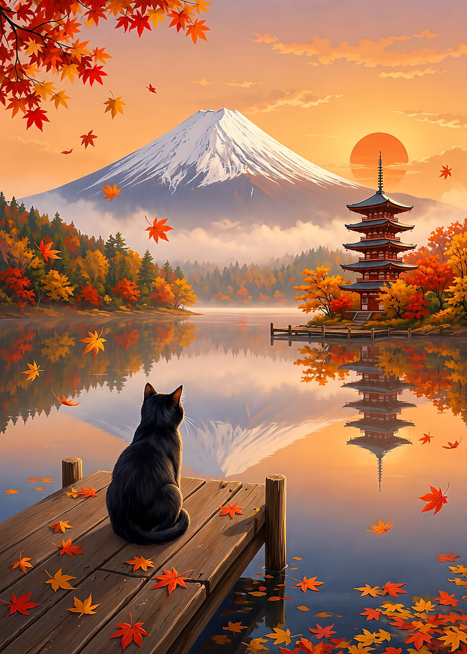 Black Cat at Mount Fuji and A Red Pagoda Beside Pier