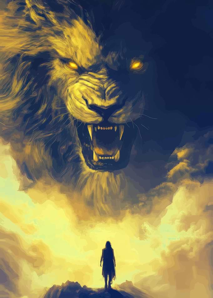 Giant Lion Head Emerging from Clouds