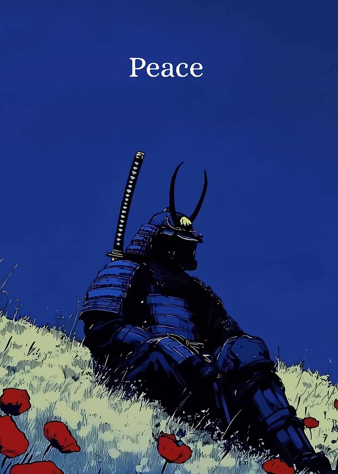 Samurai in Blue Armor with Poppies