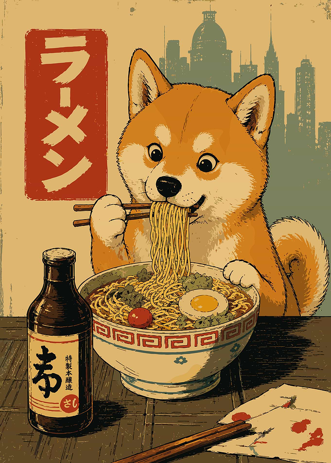 Cute Shiba Inu Ramen Poster Retro Japanese Cityscape Wall Art