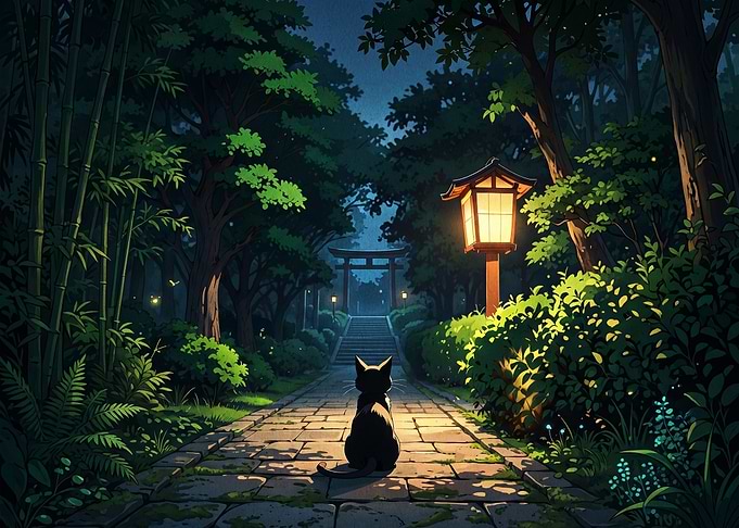 Black cat in a Japanese garden at night