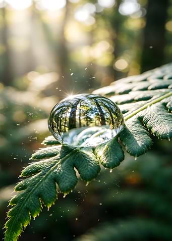Water droplet on fern reflecting forest
