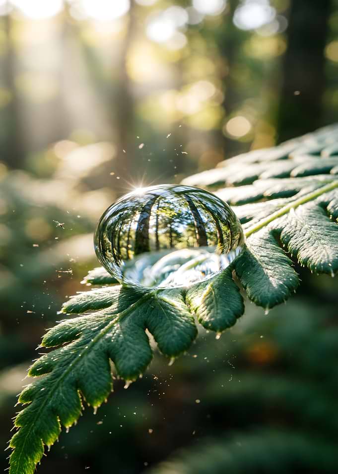 Water droplet on fern reflecting forest