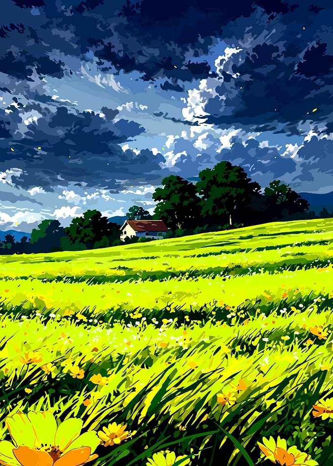 Anime Field with Stormy Sky