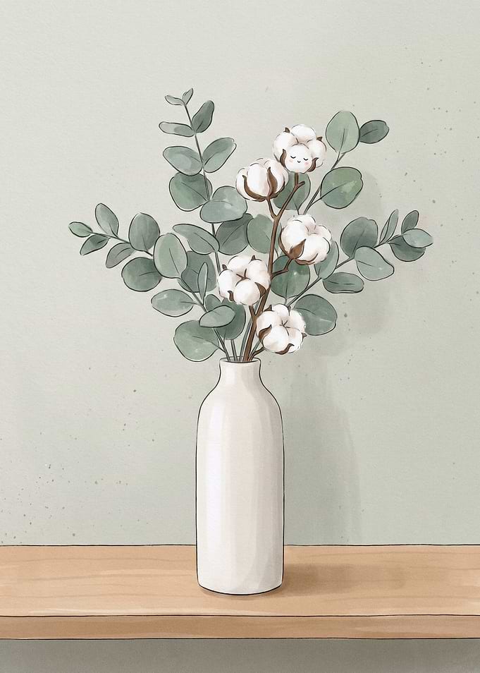 Cotton and Eucalyptus in a Vase