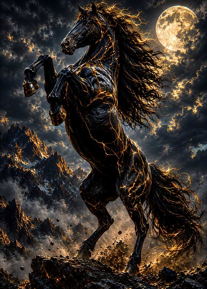 Fiery Black Horse Rearing Under Moon